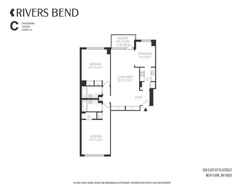 Floor plan for 2 beds, 2 baths